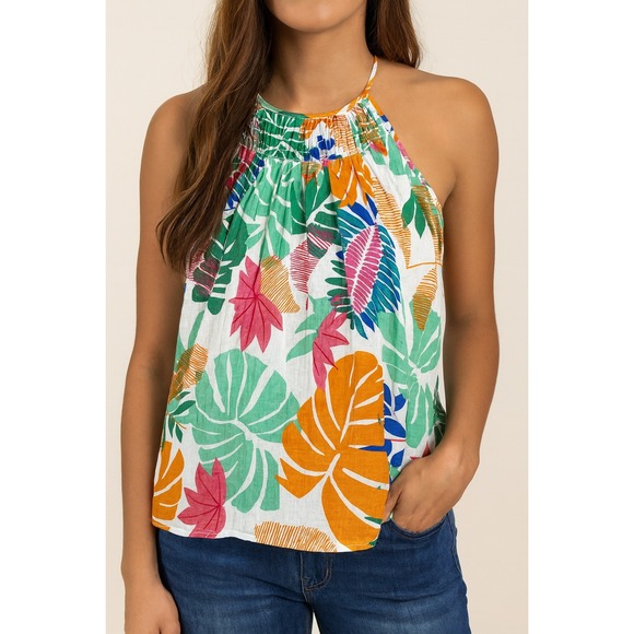 Nicole Miller New York Smocked Halter Top Tropical Print Sleeveless Size S‎ - Picture 1 of 5